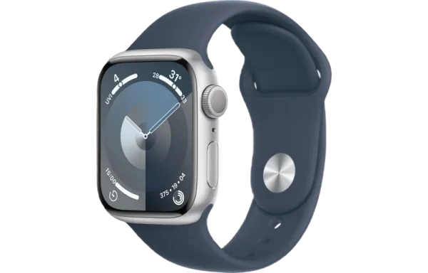 Apple Watch Series 9 45mm Silver Aluminum Case Storm Blue Sport Band